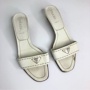 Prada White Leather Daino Mule Metal Logo Size 40